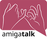 The logo is a pink dialogue bubble with the pinky promise hands and the name amigatalk